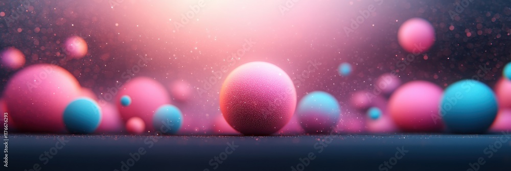 Poster a vibrant scene featuring colorful spheres in varying sizes, illuminated by a soft glow, creating a 