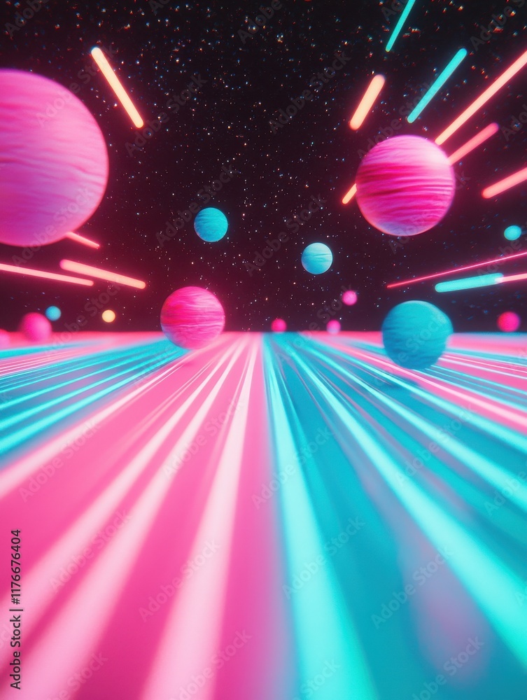 Poster a vibrant, futuristic scene featuring colorful planets and dynamic light rays set against a starry b