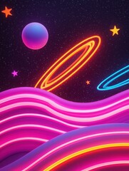 A vibrant cosmic scene featuring colorful rings around planets, glowing waves, and stars against a dark starry background.