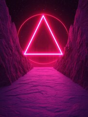 A glowing pink triangle framed by a circular light, set against a dark, rocky landscape, creating a surreal and futuristic atmosphere.