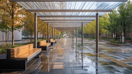 Wet pathway, benches, autumn trees, glass canopy.