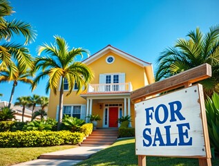 A cheerful yellow house surrounded by palm trees, with a for-sale sign in front indicating real estate opportunities in a tropical and sunny neighborhood.