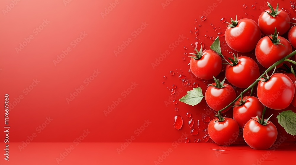 Poster red background with a bunch of red tomatoes on it. the tomatoes are arranged in a way that they look