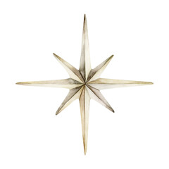 Eight-point decorative paper star. Watercolor hand drawn illustration isolated on white background for kids baby design