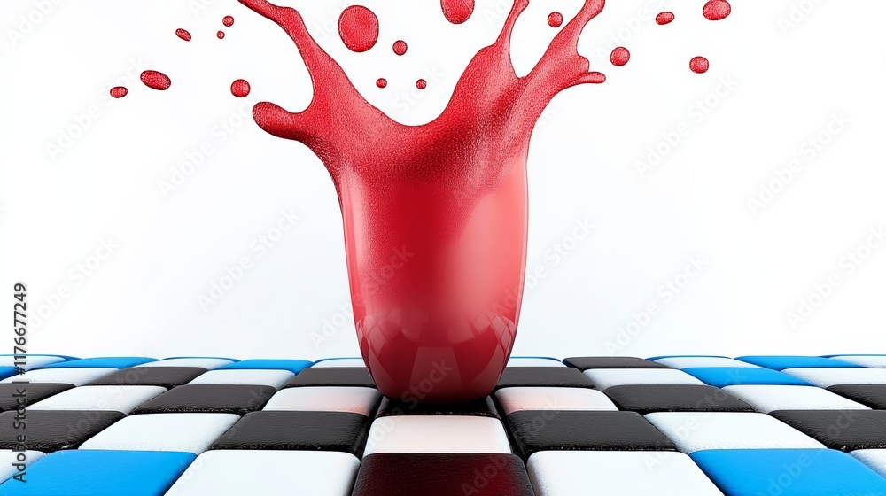 Poster splash of red paint is splattered across a checkered floor. the splash is in the center of the image