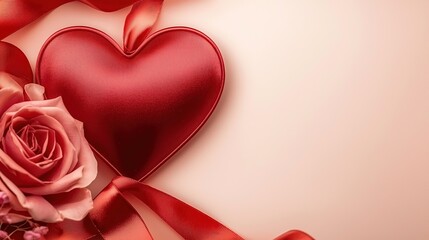 Valentine's Romance: A Symphony of Happiness, Roses, and Passionate Sentiments Romantic Red Heart and Rose with Ribbons on Soft Background
