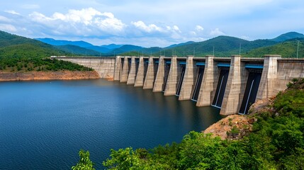 Scenic View of Modern Dam with Reservoir and Mountain Background