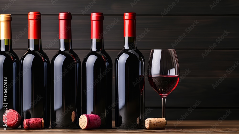 Aufkleber row of wine bottles with red tops and a wine glass with a cork in it. the wine bottles are lined up 