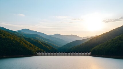 Obraz premium Serene Mountain Landscape with Dam and Calm Water at Sunset