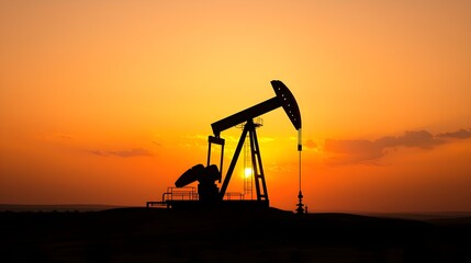 Silhouette of Oil Pump Jack Against Vibrant Sunset Sky