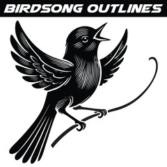 Birdsong silhouette Collared flycatcher, illustration, drawing, engraving, ink, line art, vector.