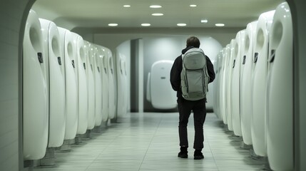 Person with backpack walks modern white hallway.