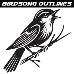 Obraz premium Birdsong silhouette Collared flycatcher, illustration, drawing, engraving, ink, line art, vector.