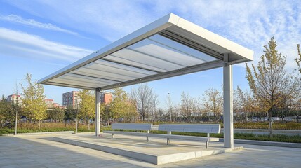Obraz premium Modern outdoor shelter; benches; paved area; trees; sunny day.