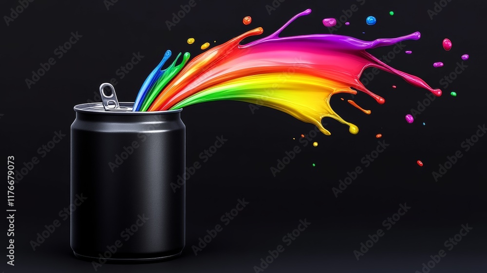 Poster can of paint is poured into a black container, creating a colorful splash. concept of creativity and