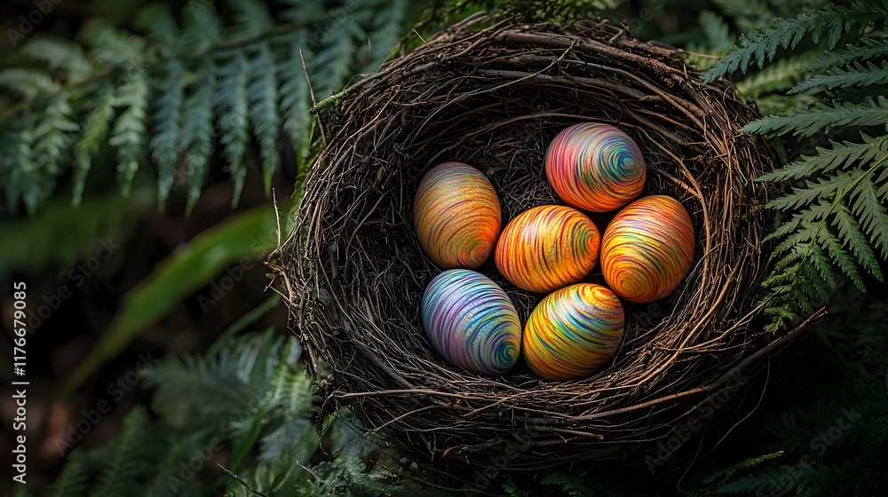 Poster closeup of a nest filled with vibrant colorful eggs with intricate rainbow patterns sitting amidst n