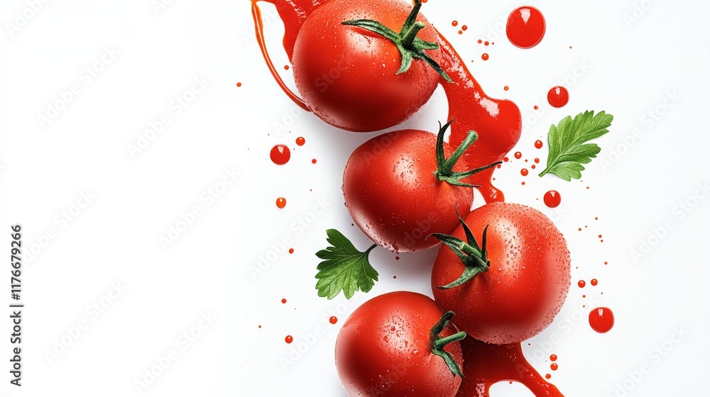 Poster close up of four ripe red tomatoes with a splash of red sauce on top. the tomatoes are surrounded by