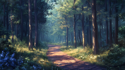 Fototapeta premium Calm forest path leading into the distance surrounded by tall trees and dappled sunlight creating a magical atmosphere 