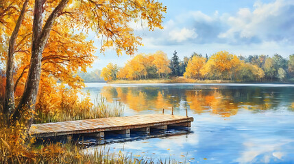 Calm lake with reflections of golden autumn trees and a wooden pier extending into the still water 