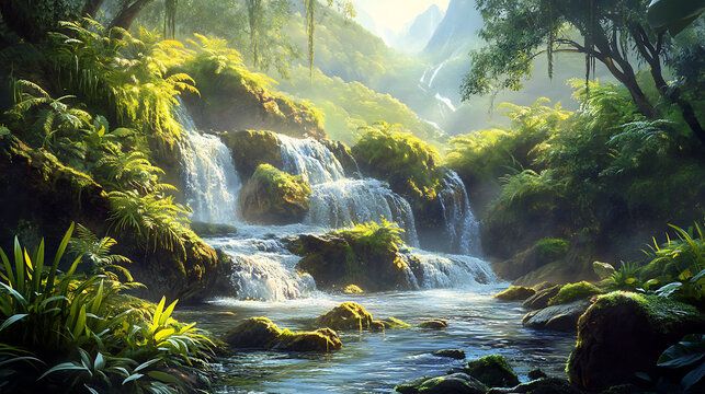 Crystal-clear mountain stream with small waterfalls flowing over moss-covered rocks and surrounded by lush green plants 