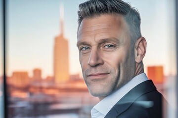 Portrait of a confident businessman looking over the city at sunset from his office window, wearing a suit