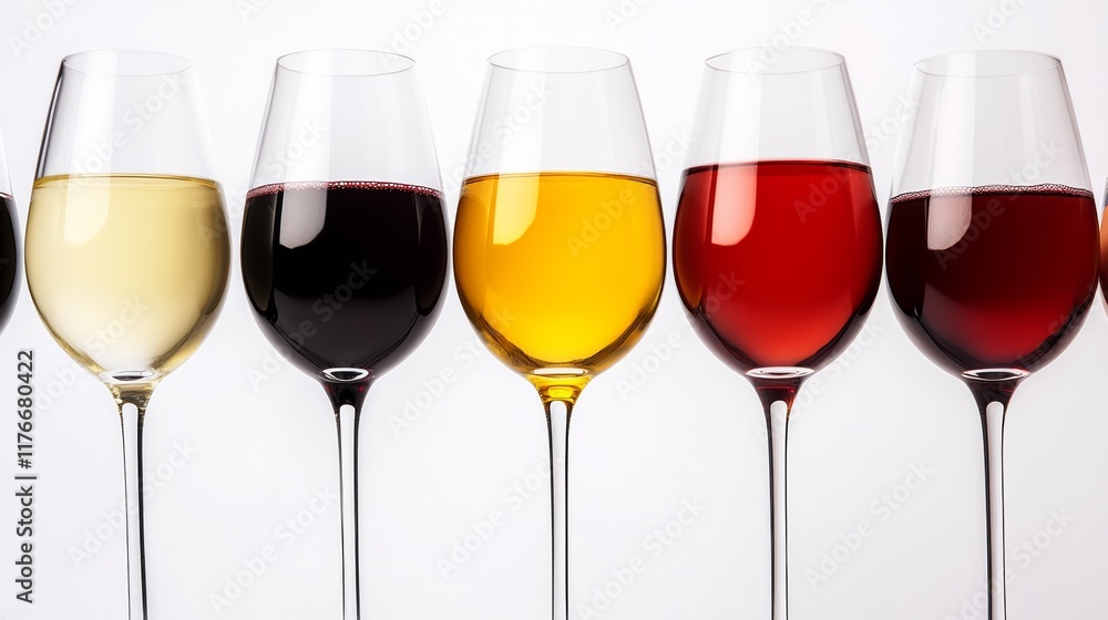 Poster row of wine glasses, each with a different color of wine. the glasses are lined up next to each othe