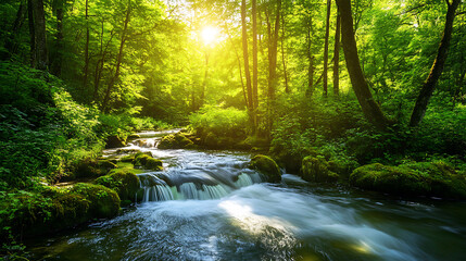 Obraz premium Dense rainforest with vibrant green foliage and a serene river winding through illuminated by soft sunlight 