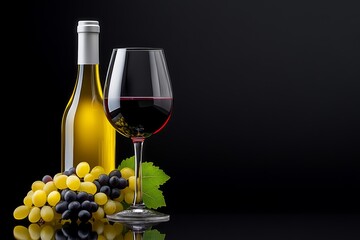 Fototapeta premium Bottle of white wine and a glass of red wine are on a table with some grapes. Concept of relaxation and enjoyment