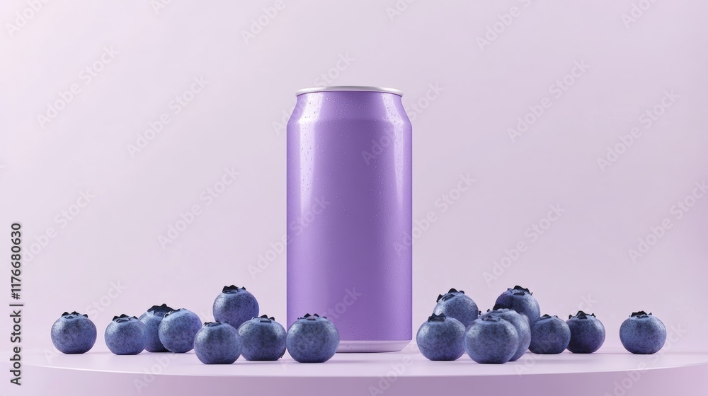 Poster can of purple soda is next to a bunch of blueberries. the image has a playful and colorful mood, wit