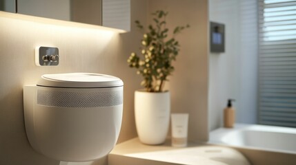 White bathroom unit, plant, modern design.