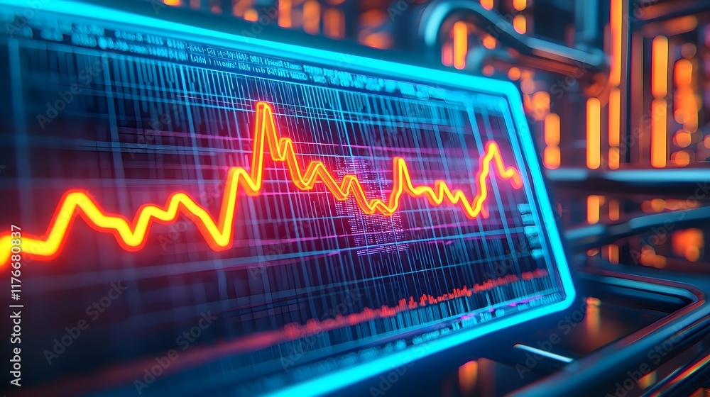 Poster vibrant data visualization with orange and blue graph on screen