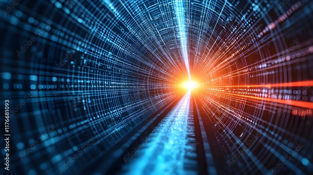 Poster vibrant light surge in digital tunnel with layered grid patterns