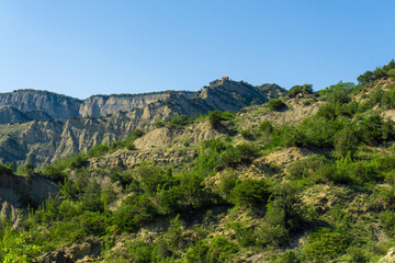 The hill is covered with green bushes. Bare rocks with trees, blue sky in the background.
