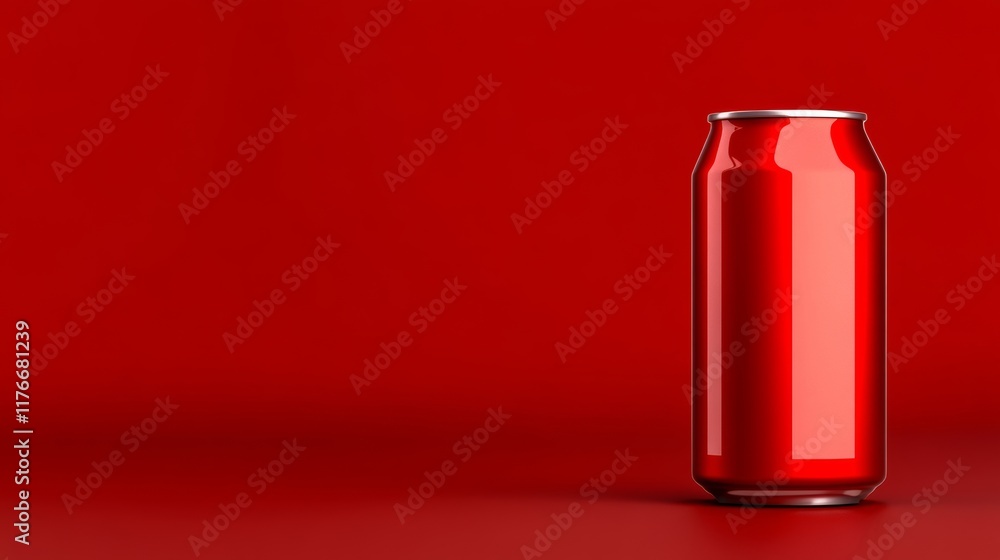 Poster red can of soda sits on a red background. the can is shiny and reflective, and the red background em