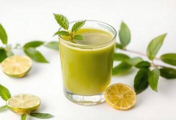 Glass of Matcha green tea with lime slice isolated on white background