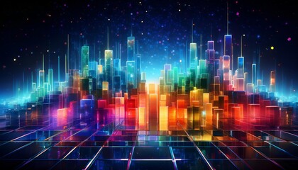 Abstract cityscape of glowing colorful squares and rectangles against a dark, starry backdrop