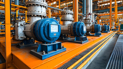 Fototapeta premium Industrial Facility with Blue Pumps and Piping Systems