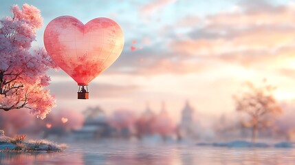 Obraz premium Love in the air valentine's day hot air balloon ride over serene landscape
