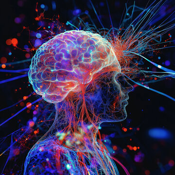 AI concept featuring a brain visualization and neural connections exploding from a human profile