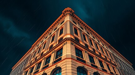 Cinematic architectural photography in vivid color a wide-angle shot of a building during a dramatic storm. High tension is conveyed through film-like lighting and sharp lines, emphasizing detailed 