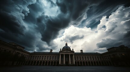 A color photograph depicting a dramatic architectural scene under intense stormy skies. The image uses a wide-angle lens, sharp focus on architectural details, and film noir lighting to create high 