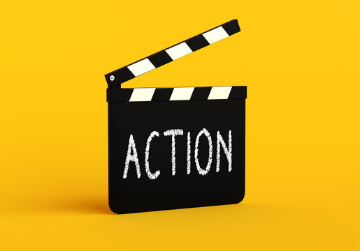 Movie clapperboard showing action word on yellow background