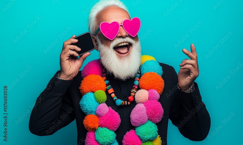 Poster man wearing a colorful scarf and sunglasses is talking on a cell phone. he is smiling and he is havi