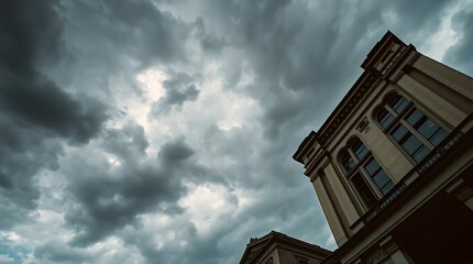A color photograph showcasing dramatic architecture against a stormy sky. Cinematic composition and lighting, with sharp lines, rich colors and detailed structures conveying high tension.