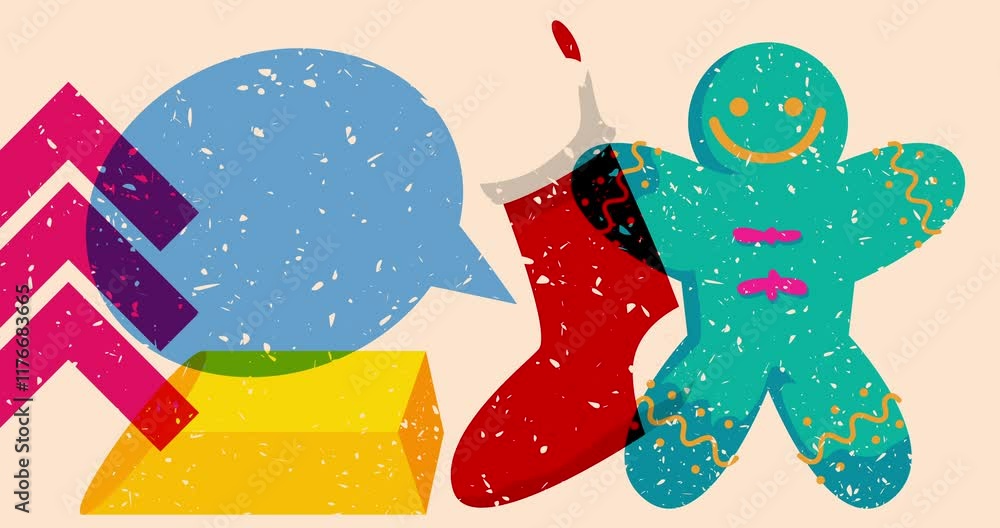 Poster risograph christmas stocking and gingerbread man cookie and speech bubble with geometric shapes anim