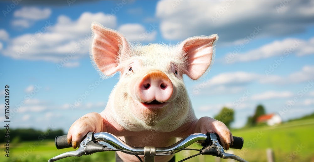 Poster pig is riding a bicycle with its head out of the basket. the pig is smiling and he is enjoying the r