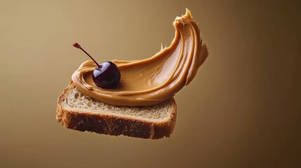 Slice of bread with a cherry on top and a smear of peanut butter. The image has a playful and lighthearted mood, as the peanut butter and cherry seem to be having a fun time together
