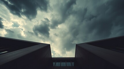 Architectural photography in a cinematic style. A stormy sky creates a dramatic meeting with the structures. High tension, sharp lines, detailed textures, film-like lighting and wide angle.
