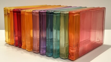 Stack of colorful glass blocks, various hues and shades.