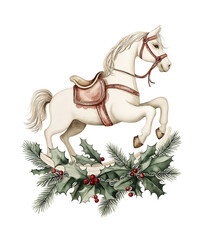 Ornamented white horse with holly decoration in festive display for holiday celebrations
